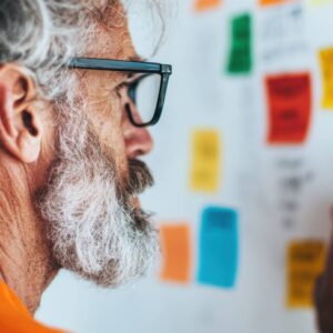 Man looking at whiteboard with post it notes