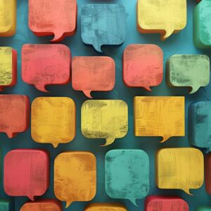 DEI in polarized times. Decorative graphic of colored speech bubbles